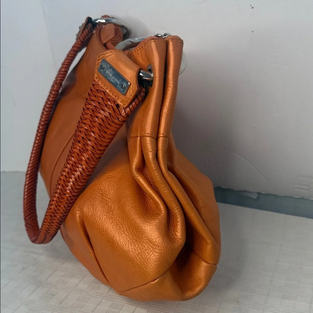 Paolo Masi Shoulder Bag Italian Leather Woven Handle Made Italy Orange